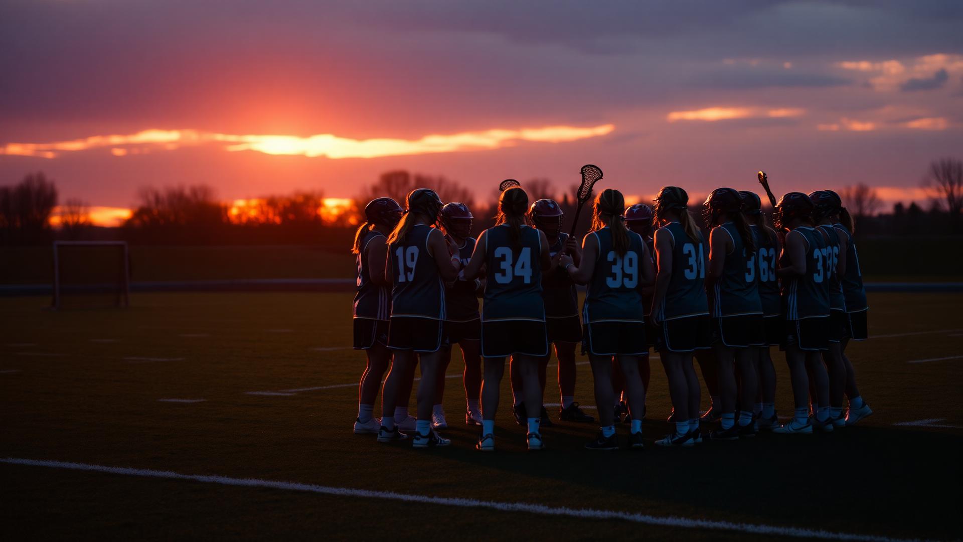 Lacrosse team huddle at sunset